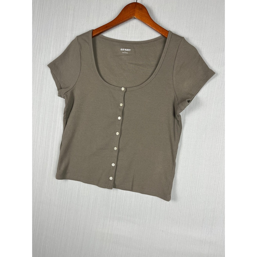 Old Navy‎ Scoop Neck Rib Tee L Brown Button Front Cottagecore Y2K Style